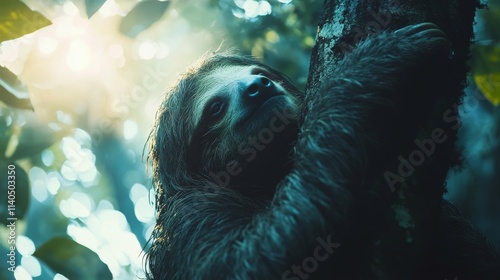 Sloth resting on a tree branch in a lush rainforest environment during daytime
