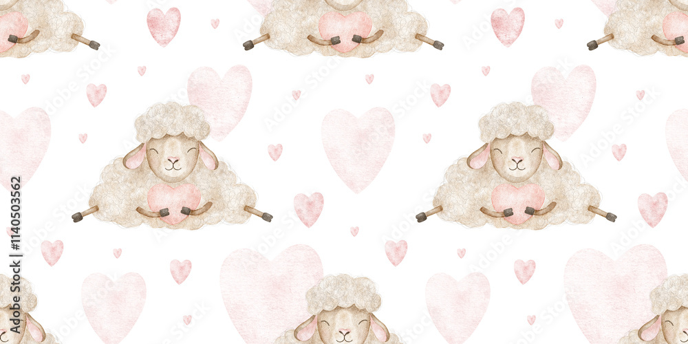Fluffy lamb beige hold heart. Sleeping sheep in love. Watercolor nursery seamless surface pattern design. Baby background for Valentine's day, writing paper, textile, linen, baby shower, wallpaper Fluffy lamb beige hold heart. Sleeping sheep in love. Watercolor nursery seamless surface pattern design. Baby background for Valentine's day, writing paper, textile, linen, baby shower, wallpaper