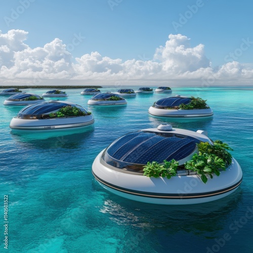 Innovative Floating Solar Farms Transforming Renewable Energy Landscape in Serene Blue Ocean Futuristic Design Aerial View Sustainable Development photo