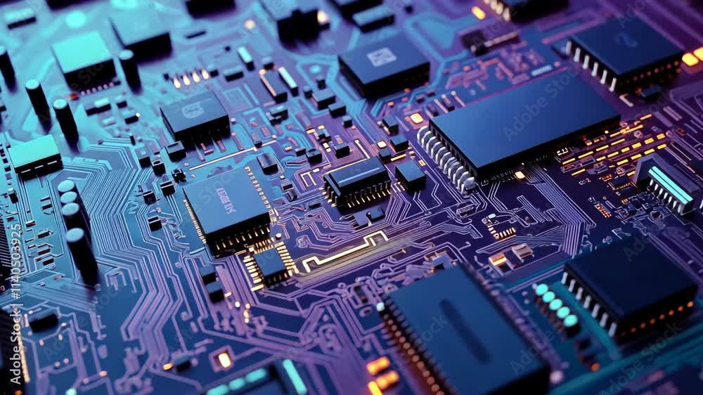 An intricate circuit board with various components and chips. An intricate circuit board with various components and chips.