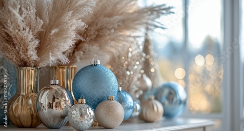 Decorative holiday ornaments and floral arrangements in light filled indoor s...