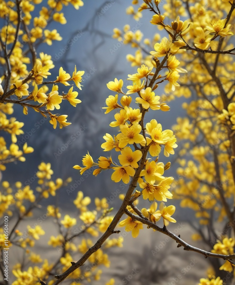 Golden yellow almond flowers dance in the breeze , sunny day scenes, natural beauty Golden yellow almond flowers dance in the breeze , sunny day scenes, natural beauty