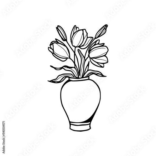  a line art drawing of a vase with flowers illustration