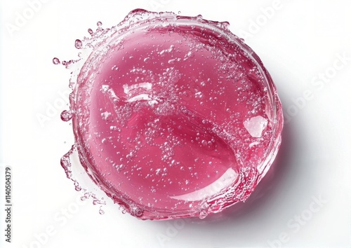 Bright pink gel in a glass container with bubbles on a light surface