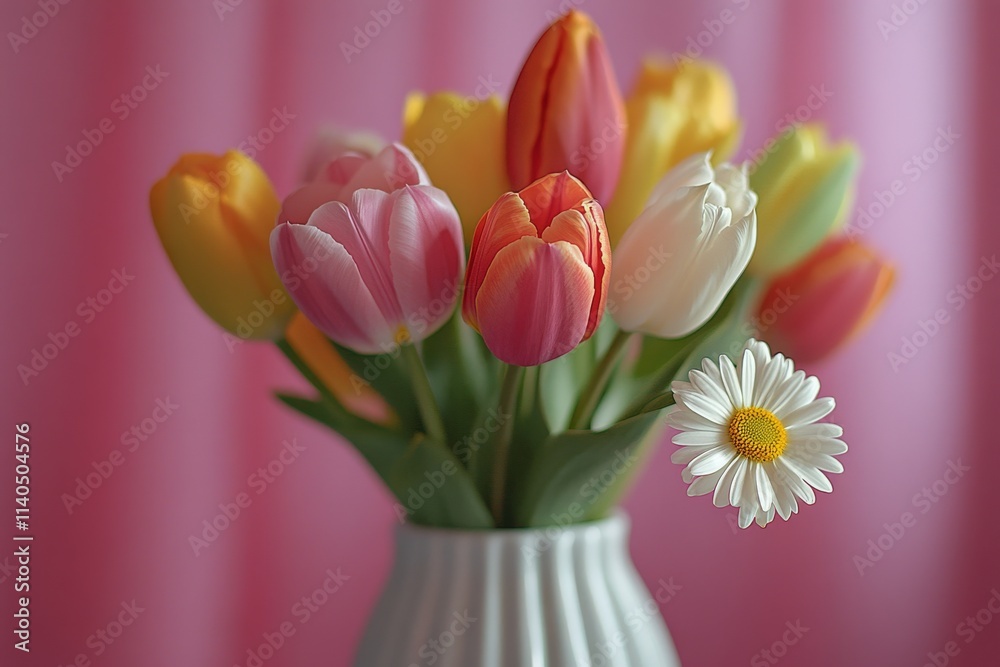 Colorful tulips and daisy in a vase against a pink background create a cheerful atmosphere Colorful tulips and daisy in a vase against a pink background create a cheerful atmosphere
