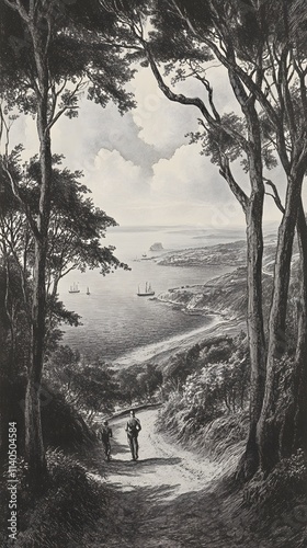 An engraving of the view from high above Fowey Bay in Cornwall, set against an English landscape with trees and hills.