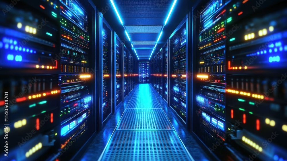 Obraz premium Innovative depiction of cloud hosting technology within a server room.
