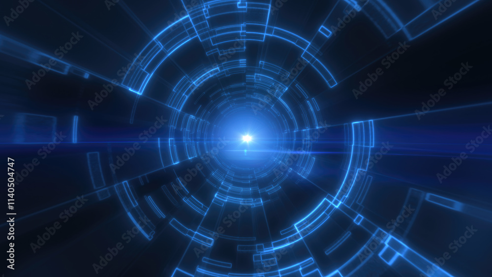 Obraz premium Blue digital tunnel with concentric lines and central light source, creating a sense of depth, movement, and futuristic design in a tech-inspired setting background