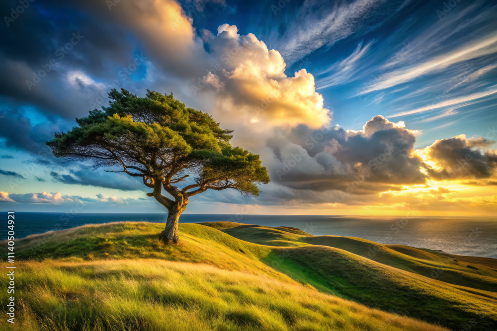 solitary windswept tree stands tall at crest of rolling green hills, overlooking ocean under dramatic sky filled with clouds and vibrant colors solitary windswept tree stands tall at crest of rolling green hills, overlooking ocean under dramatic sky filled with clouds and vibrant colors