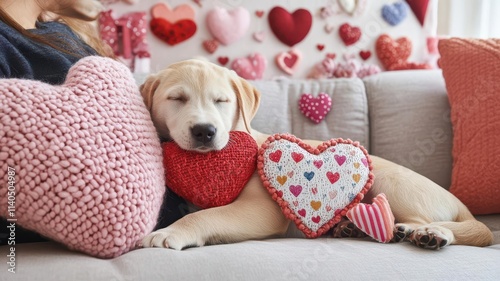 A Labrador puppy snuggling with its owner on a Valentine themed couch filled with love themed decorations photo