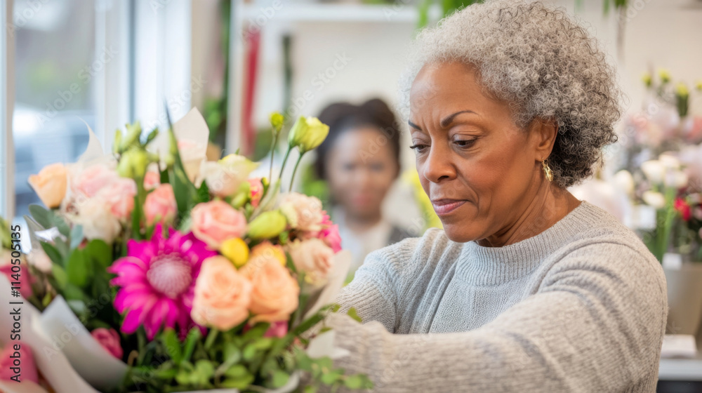 Fototapeta premium African american mature florist woman creates bouquet of flowers in flower store