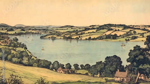 An engraving of the view from high above Fowey Bay in Cornwall, set against an English landscape with trees and hills.