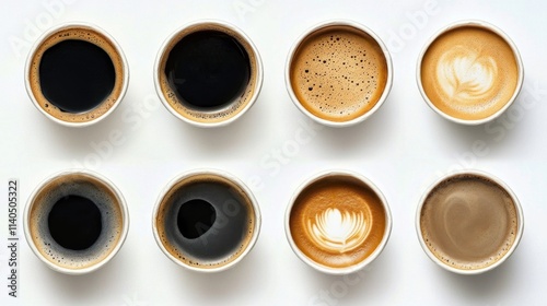 Overhead view of multiple black coffee takeout cups arranged on a white surface.
