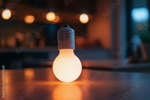 Bright light bulb illuminating indoor space during evening hours with soft ba...