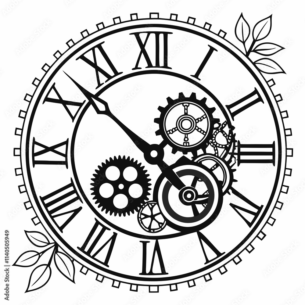 Obraz premium Steampunk Christmas clock Clipart, Steampunk Christmas clock Black silhouette