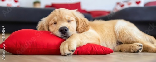 A fluffy golden retriever puppy lying on a red heart shaped pillow in a cozy Valentine themed living room photo