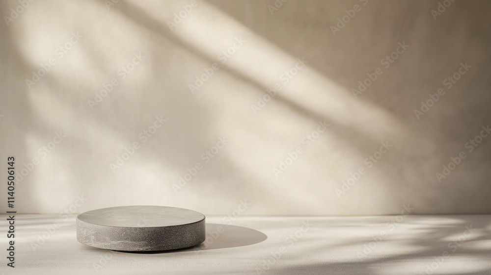 Empty round concrete podium on beige background with window shadows. Concept of product display, minimalist scene. Empty round concrete podium on beige background with window shadows. Concept of product display, minimalist scene.
