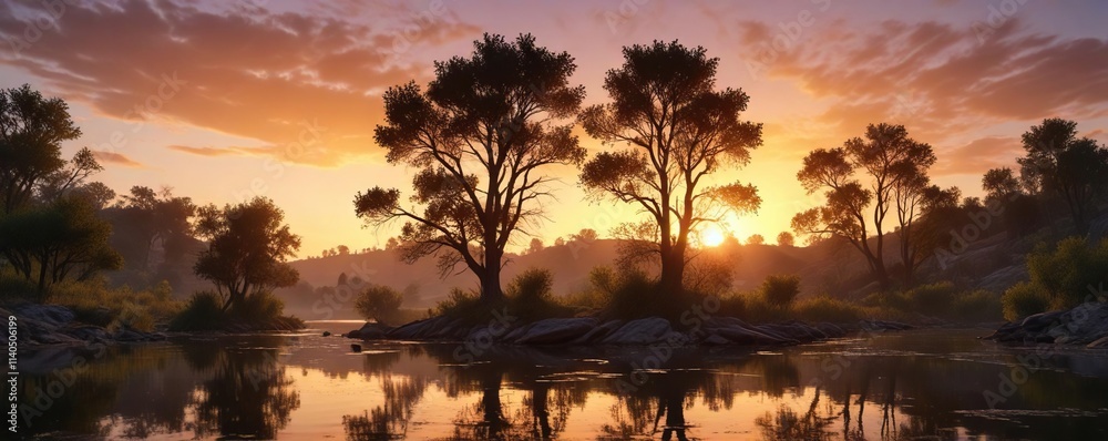 Fototapeta premium Iluminaci?n suave del atardecer en el r?o Ebro entre ?rboles frondosos, peacefulness, twilight, tranquility