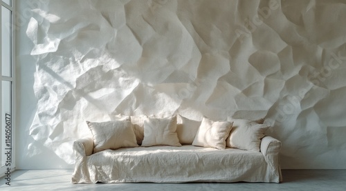 Modern interior design featuring textured wall with contemporary sofa in brig...