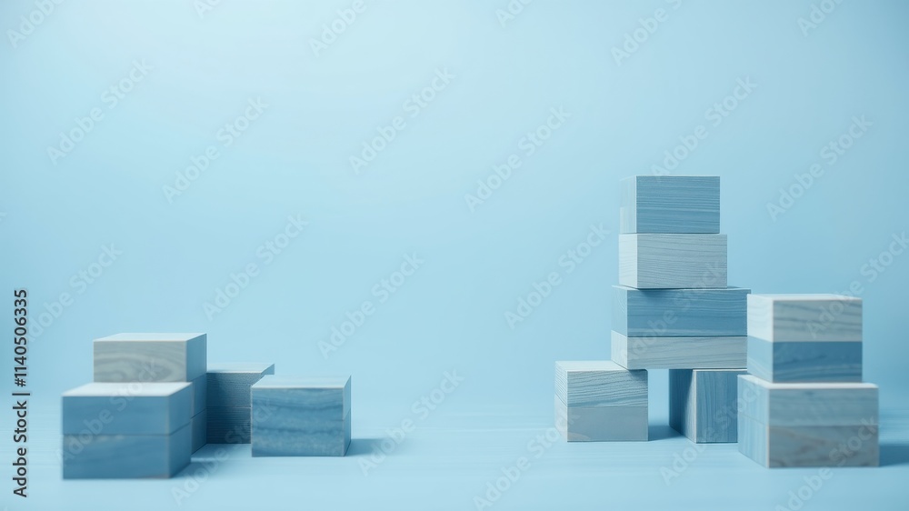Pastel blue blocks arranged in two separate stacks against a light blue background, showcasing a minimalist product display concept Pastel blue blocks arranged in two separate stacks against a light blue background, showcasing a minimalist product display concept