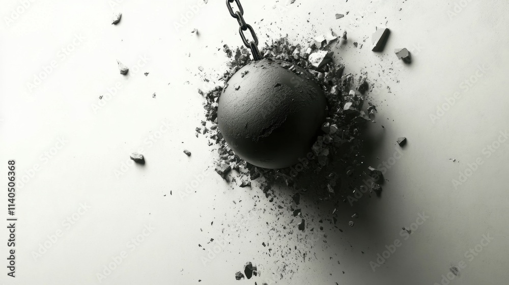 The dynamic moment of collision between a wrecking ball and a wall.