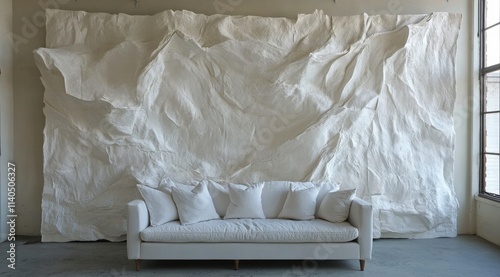 Modern interior design featuring textured wall with contemporary sofa in brig...