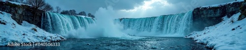 Dark clouds and rain obscure a frozen waterfall, stormy weather, wet pavement