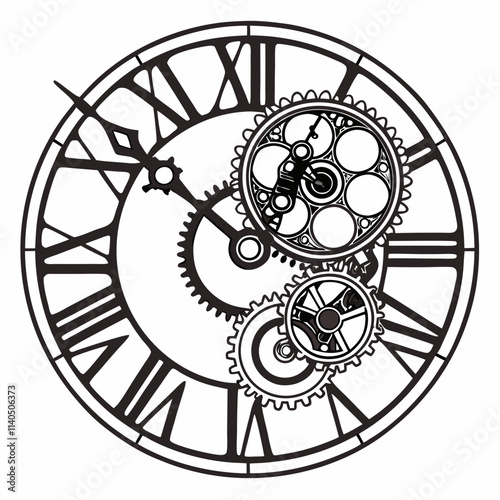Steampunk Christmas clock Clipart, Steampunk Christmas clock Black silhouette