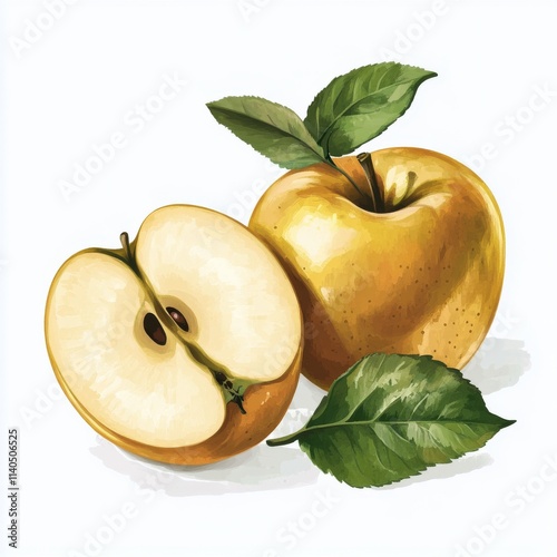 Freshly picked golden apples with leaves presented on a plain background