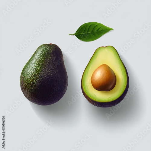 Fresh avocado with leaf displayed on a light background highlighting its text...
