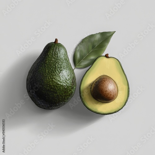 Fresh avocado with leaf displayed on a light background highlighting its text...