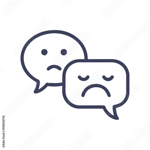 Two speech bubbles with sad face icons on a dark blue background