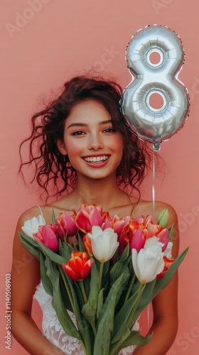 Celebrating a special occasion with flowers and a balloon on a pink background