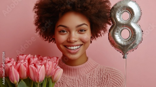 Celebrating a special occasion with flowers and a balloon on a pink background