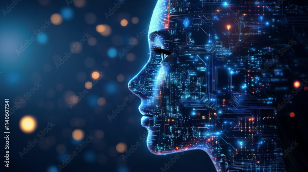 Digital human profile with circuit patterns in a futuristic setting Digital human profile with circuit patterns in a futuristic setting
