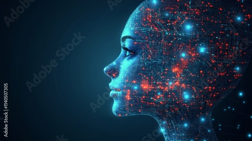 Digital human profile with circuit patterns in a futuristic setting