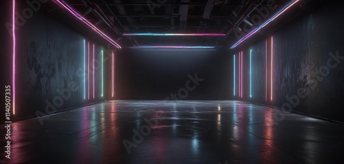 Dazzling array of multicolored lights illuminates an empty dark space, background, dazzling, vibrant colors photo