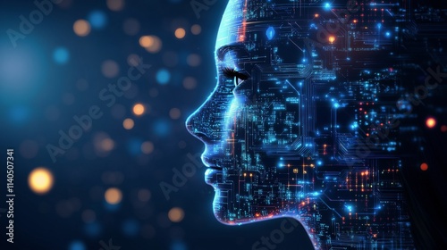 Digital human profile with circuit patterns in a futuristic setting