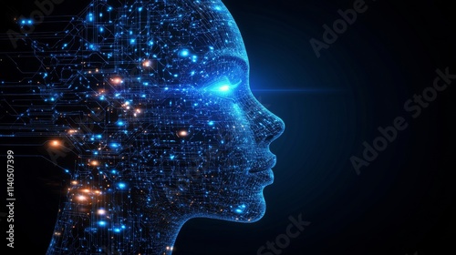Digital human profile with circuit patterns in a futuristic setting