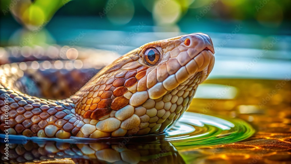 Obraz premium Macro Photography: Copperhead Water Moccasin Snake in Water, Close-up Reptile Detail, Venomous Snake, Aquatic Snake, Wildlife Photography