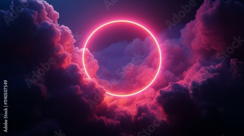 Vibrant neon circle surrounded by colorful clouds at dusk