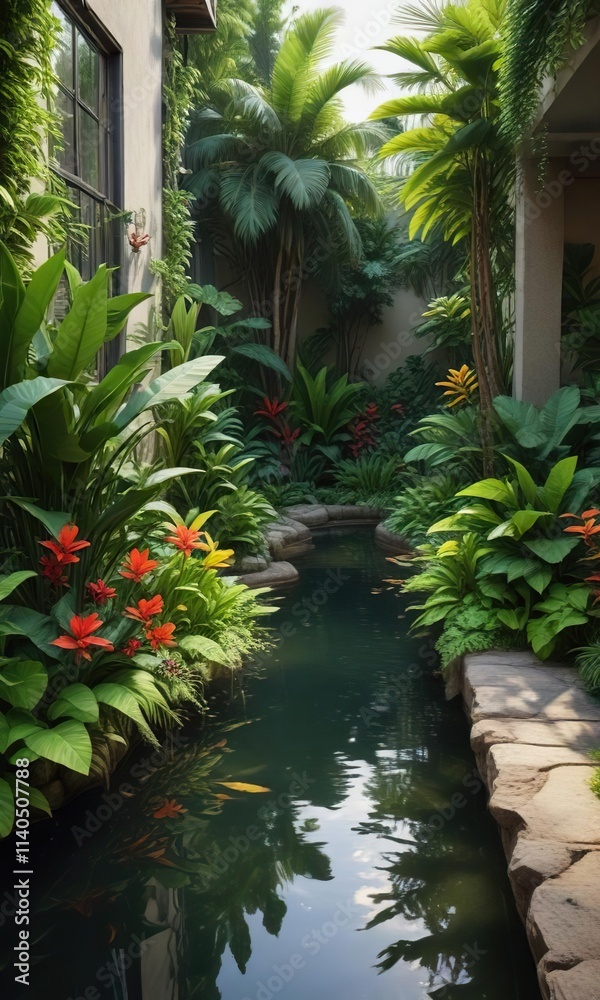Lush greenery and tropical plants surrounding a small pond in an apartment block courtyard, apartment block, serenity