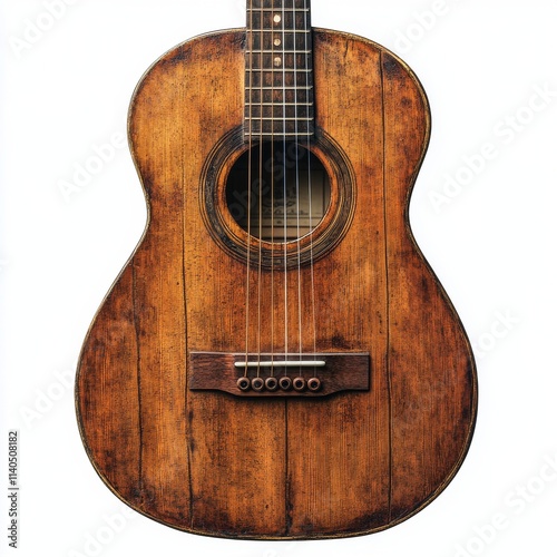 Wooden acoustic guitar displayed on a white background showcasing craftsmansh...