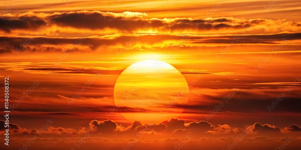 Sunset with reflected sun behind clouds creating orange sky Sunset with reflected sun behind clouds creating orange sky