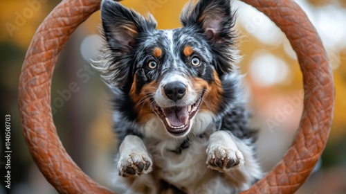 Happy dog running through agility tunnel in autumn forest