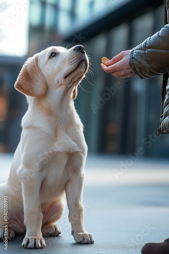 Cute labrador puppy eagerly awaiting a treat during outdoor training session