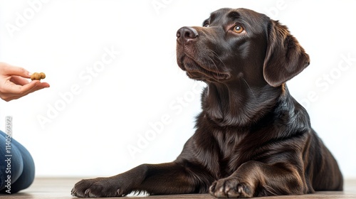 Labrador puppy gazes up with curious eyes during an outdoor training session