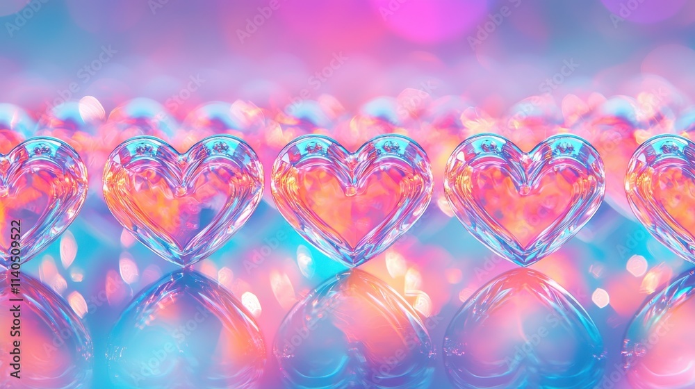 Colorful glass hearts reflecting light in a dreamy background. Colorful glass hearts reflecting light in a dreamy background.