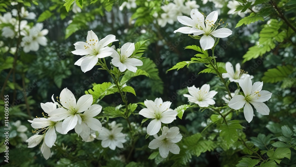 Delicate white petals unfolding from a slender stem amidst lush green leaves , stem, flower Delicate white petals unfolding from a slender stem amidst lush green leaves , stem, flower