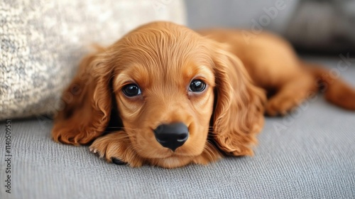 Cute puppy relaxing on a soft couch during a sunny afternoon indoors